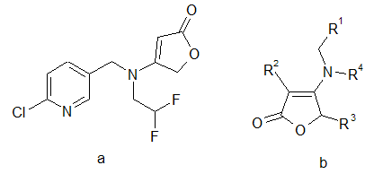 氟吡呋喃酮的化学结构式(a)和丁烯酸内酯类化合物的活性骨架(b)